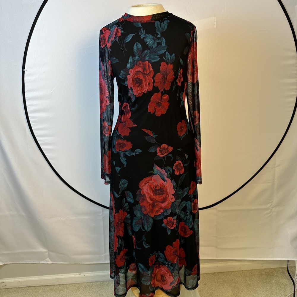 Enfocus Studio Black Red Floral Print Dress Women's Sz 6 Mock Neck Long Sleeves